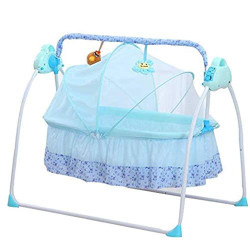 مهد سرير كهربائي محمول للأطفال ، سرير متأرجح للنوم والنوم يلعب فيه سرير أزرق